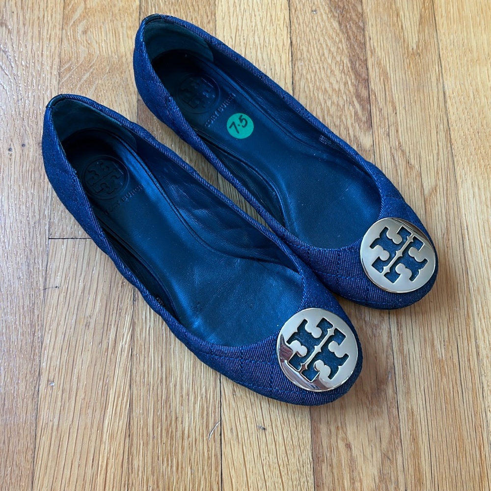 Tory Burch Womens Navy Blue Denim Quilted Quinn Ballet Flats Size 7.5